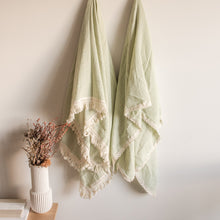 Load image into Gallery viewer, Luxury Swaddle Blanket &lt;br&gt; Dusty Sage with Fringed Trim
